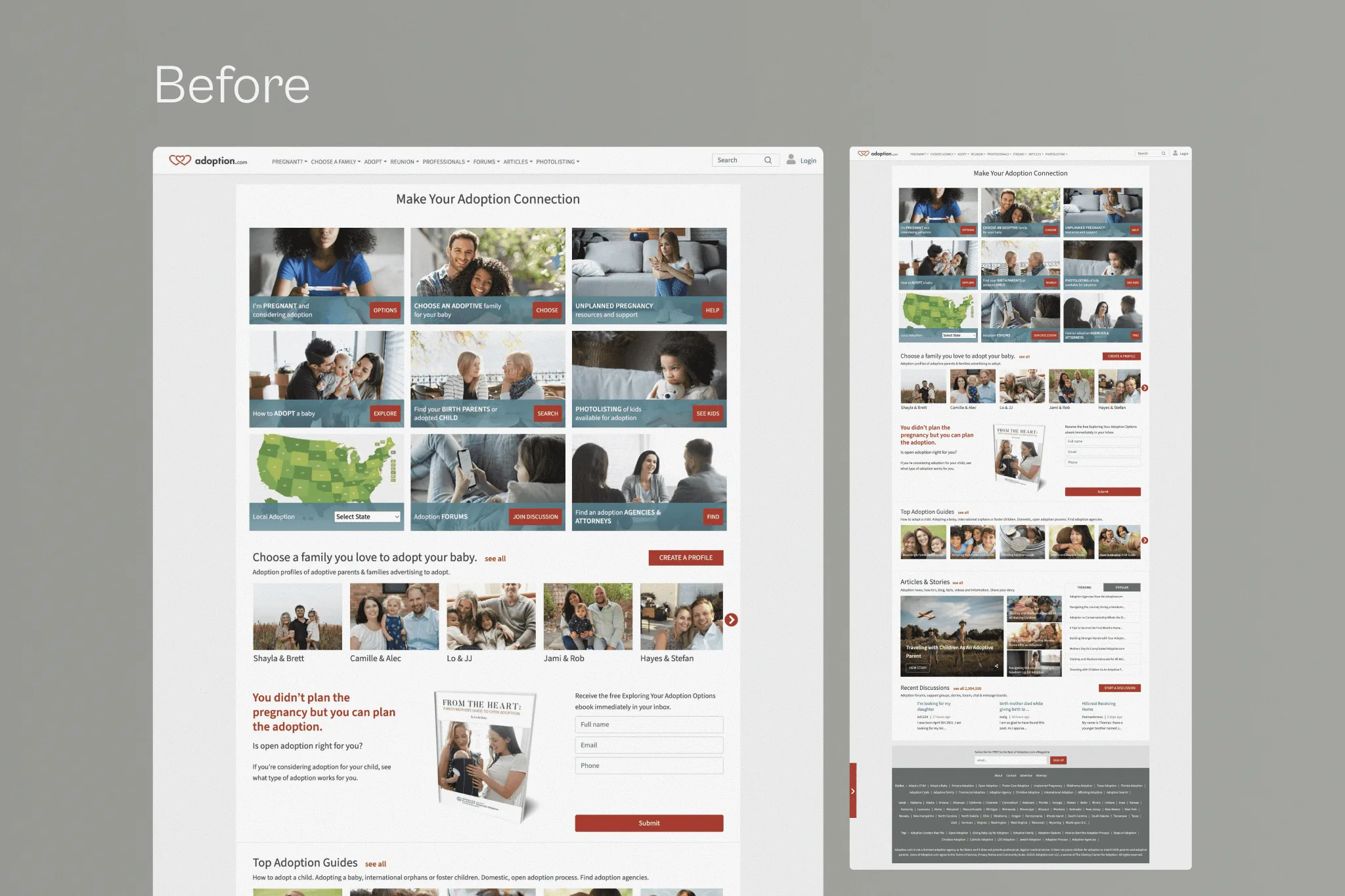 Earlier Adoption website layouts labelled Before