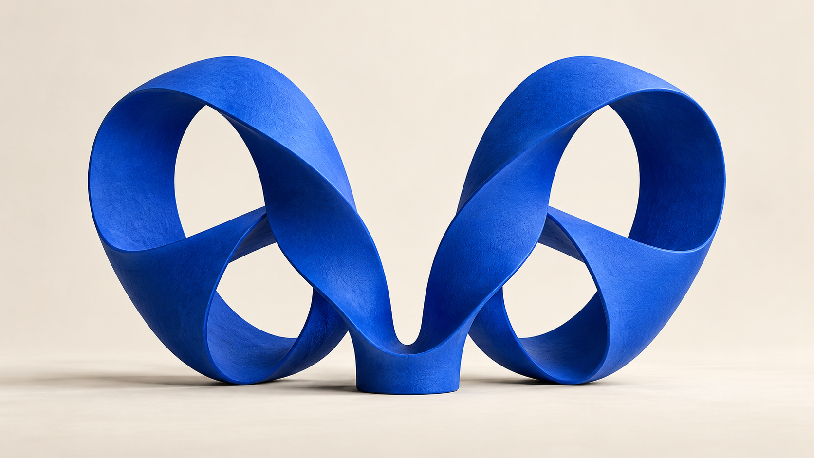 Conceptual artwork: two equivalent blue sculptural loops connected by a continuous ribbon on a warm ivory background.