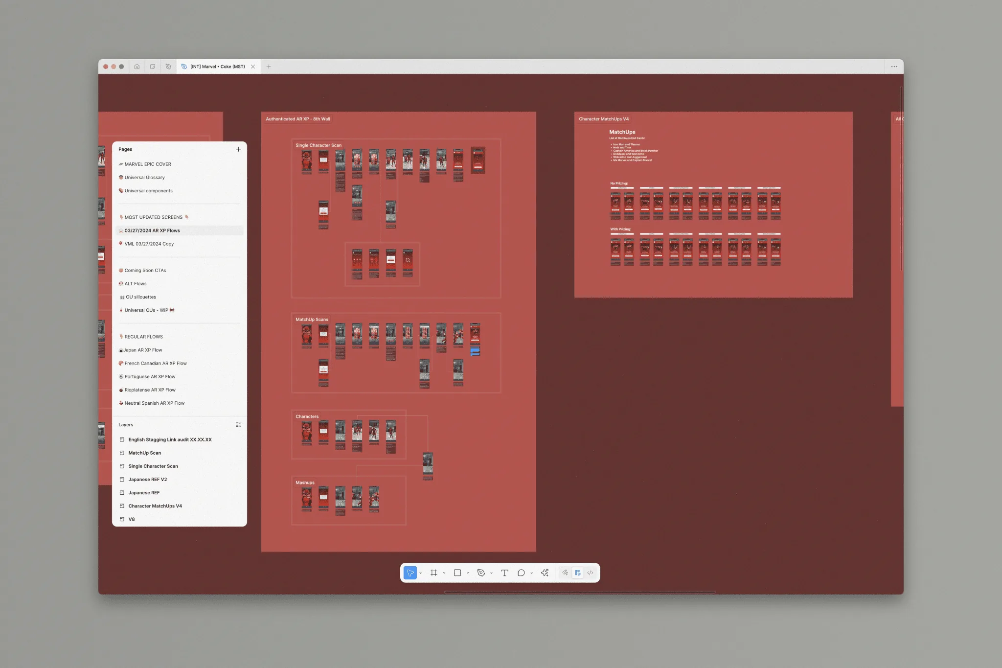 Design file showing user flows and screen groups for the Marvel and Coca-Cola experience