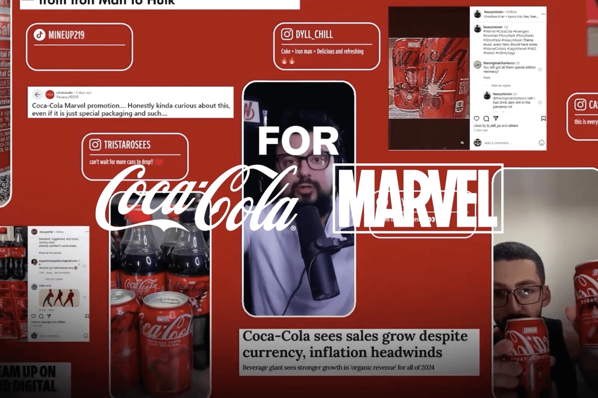 Campaign reference collage combining packaging, Marvel graphics and Coca-Cola imagery